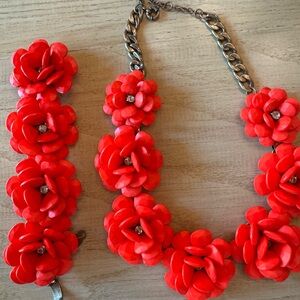 J. Crew Vibrant Red Floral Necklace and Bracelet